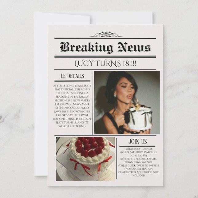 Editable Newspaper Birthday Invitation Template  (Front)