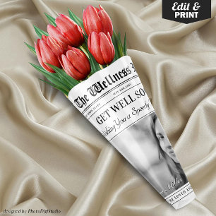 Editable Newspaper Get Well Soon Flower Bouquet Wrapping Paper Sheet