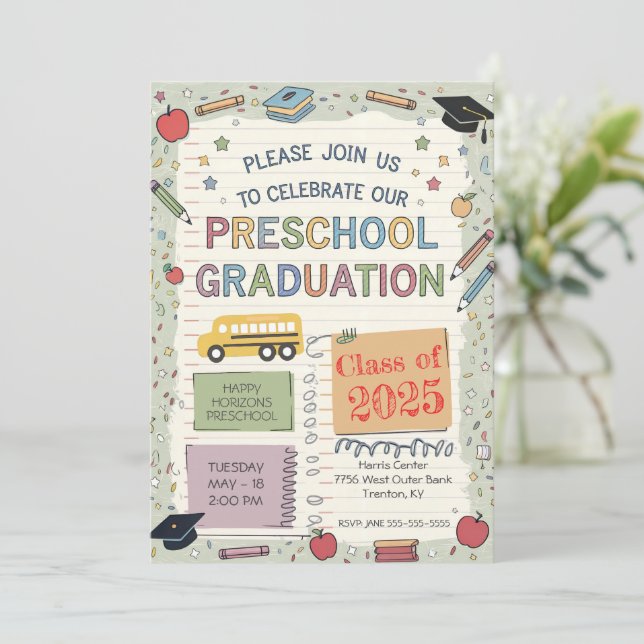 Editable Notebook School Bus Preschool Graduation  Invitation (Standing Front)