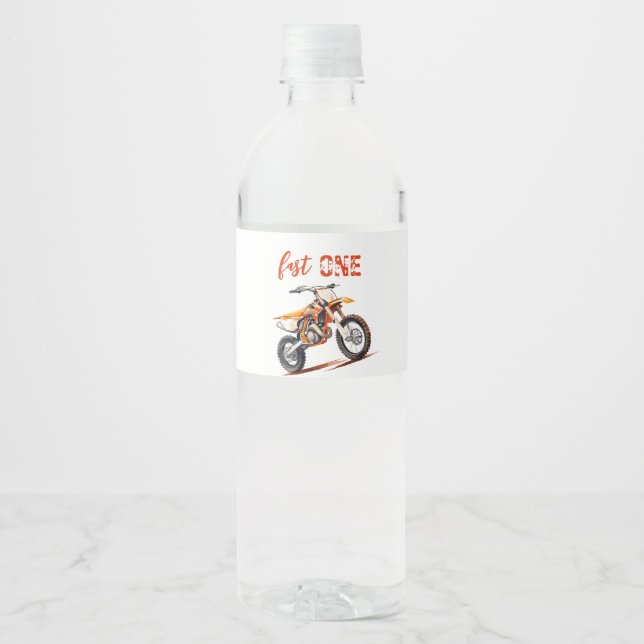 Editable Orange Dirt Bike Birthday Water Bottle Label (Front)