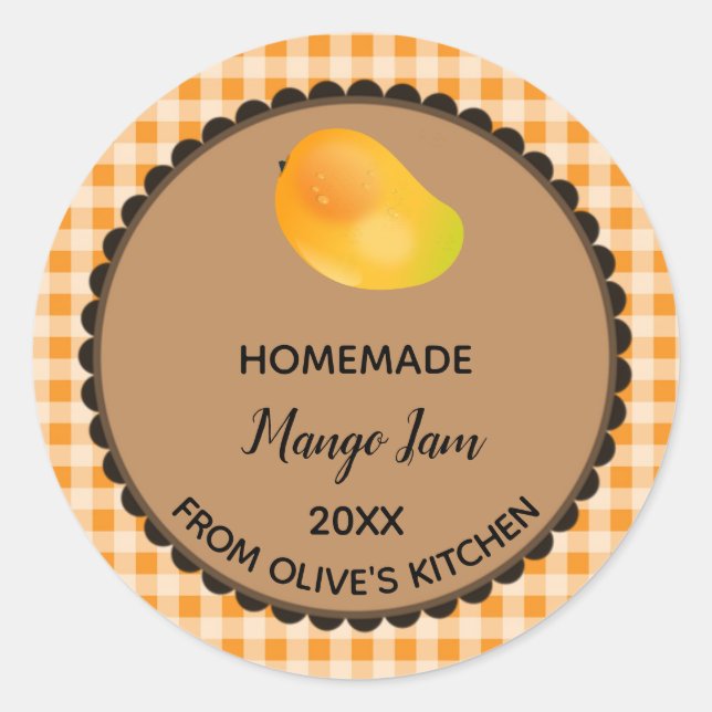 Editable Orange Gingham Mango Jam Label Sticker (Front)