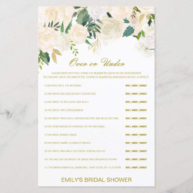 Editable Over or Under Bridal Shower Game (Front)