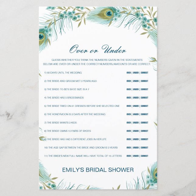 Editable Over or Under Bridal Shower Game (Front)