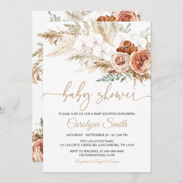 Editable Pampas Grass Baby Shower Invitation (Front/Back)