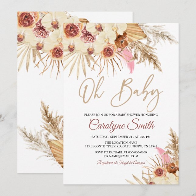 Editable Pampas Grass Oh Baby Shower Invitation (Front/Back)