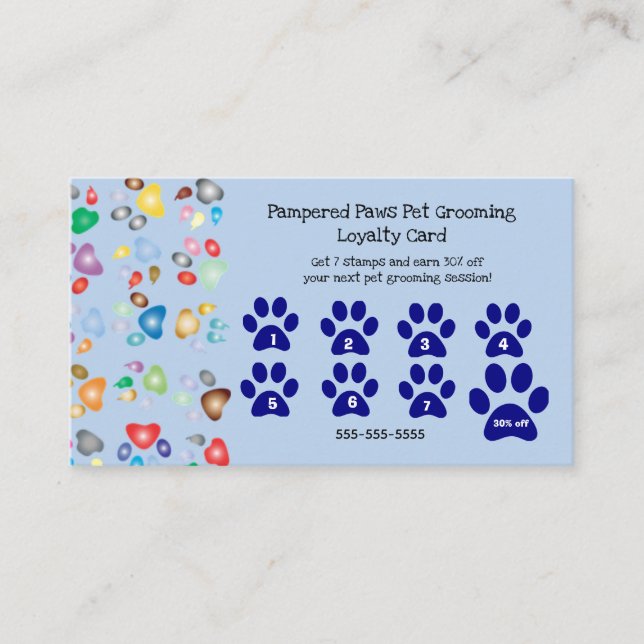 Editable Pampered Paws Dog Groomer Loyalty Business Card (Front)