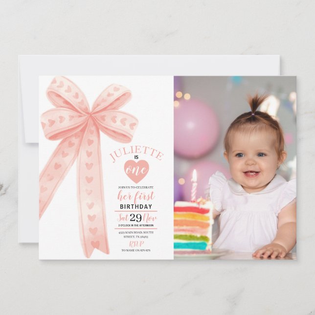 Editable Peach Bow First Girl Birthday Photo  Invitation (Front)
