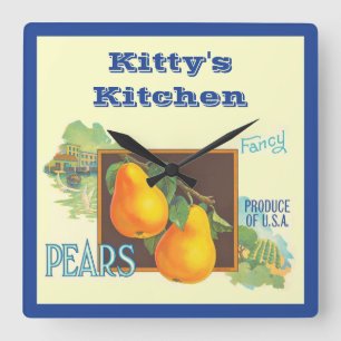 Editable Pears Vintage Fruit Crate Art Square Wall Clock