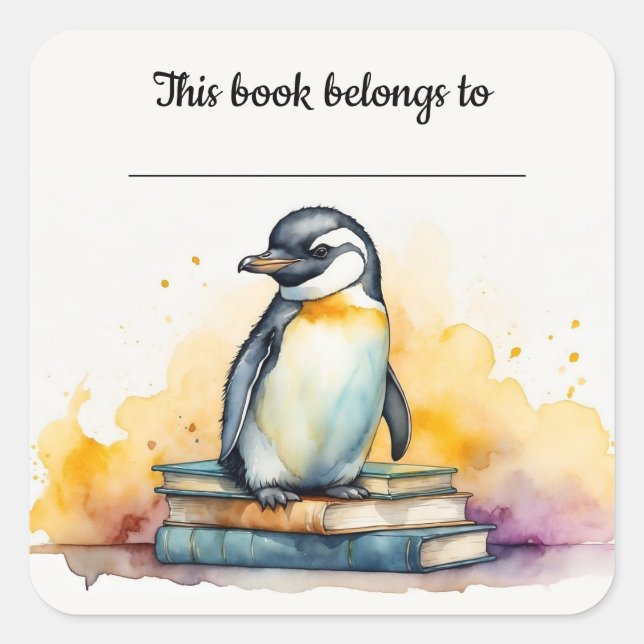 Editable Penguin and Books Bookplate Sticker (Front)