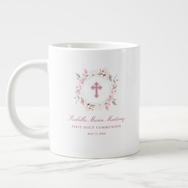 Editable Personalised First Communion Pink Floral Large Coffee Mug (Left)