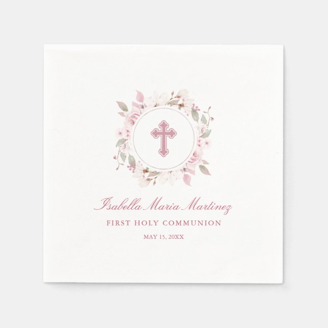 Editable Personalised First Communion Pink Floral Napkin (Front)