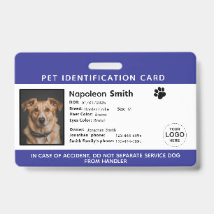 Editable Pet ID Card ,Navy White Service Dog Logo Badge