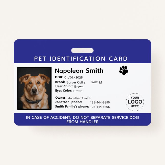 Editable Pet ID Card ,Navy White Service Dog Logo ID Badge (Front)