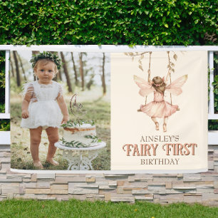 Editable Photo Blush Pink Fairy First 1st Birthday Banner