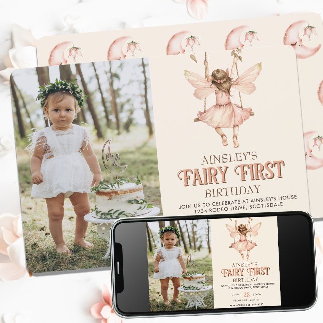 Editable Photo Blush Pink Fairy First 1st Birthday Invitation (Creator Uploaded)