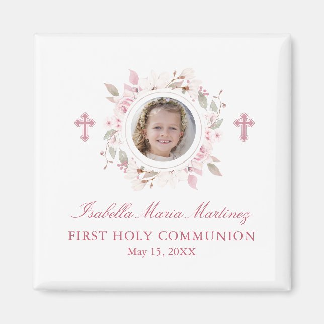 Editable Photo First Communion Pink Flower Favour Magnet (Front)