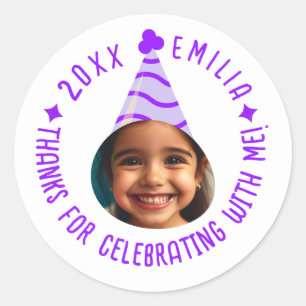 Editable Photo Text Birthday Thanks Party Hat Classic Round Sticker