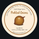 Editable Pickled Onions Label<br><div class="desc">This editable label features a light background with a brown ring. In the center is an illustration of an onion. At the top is the contact information for the company/ business, the company name and the product name. Below, is the ingredient list and the website information. All text is editable...</div>