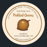 Editable Pickled Onions Label<br><div class="desc">This editable label features a light background with a brown ring. In the center is an illustration of an onion. At the top is the contact information for the company/ business, the company name and the product name. Below, is the ingredient list and the website information. All text is editable...</div>