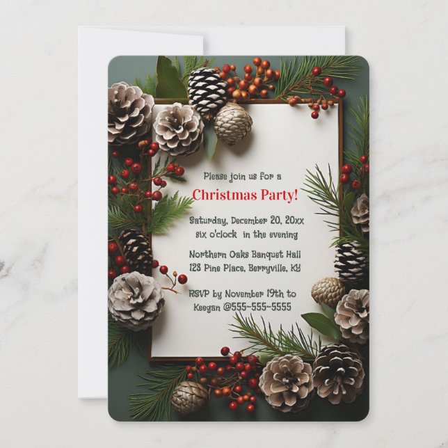Editable Pinecones and Berries Christmas Invitation (Front)
