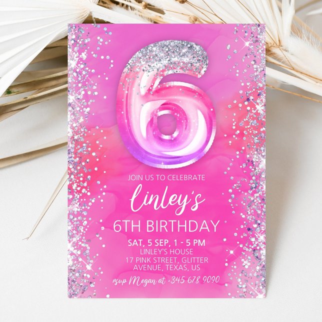 Editable Pink 6th Birthday Invitation Template 6 (Creator Uploaded)