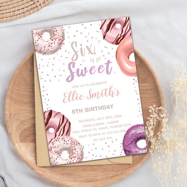 Editable Pink 6th Birthday Party Invite (Six Sweet Pink Donut Birthday Invitations)