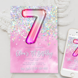 Editable Pink 7th Birthday Invitation Template Gli