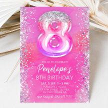 Editable Pink 8th Birthday Invitation Template