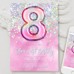 Editable Pink 8th Birthday Invitation Template Gli