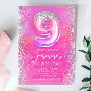 Editable Pink 9th Birthday Invitation Template 9