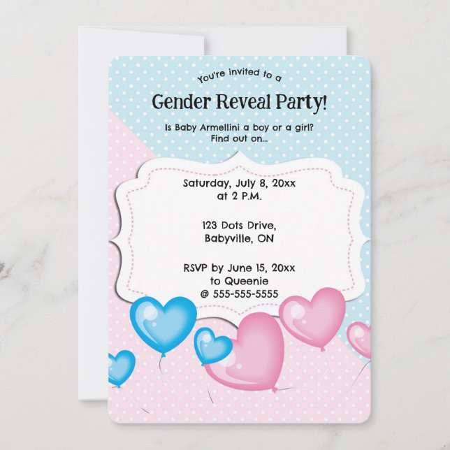 Editable Pink and Blue Polka Dot Gender Reveal Invitation (Front)