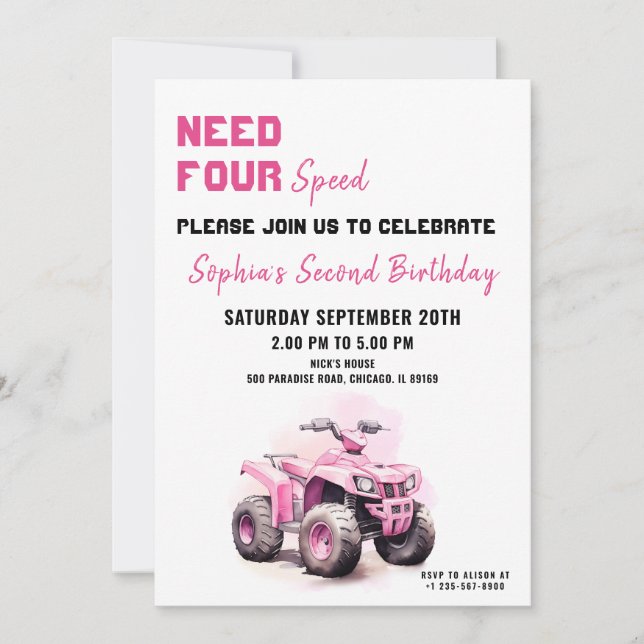 Editable Pink ATV Bike Birthday Invitation (Front)
