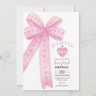 Editable Pink Bow First Girls Birthday Invitation 