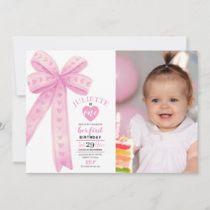 Editable Pink Bow First Girls Birthday Photo Invitation