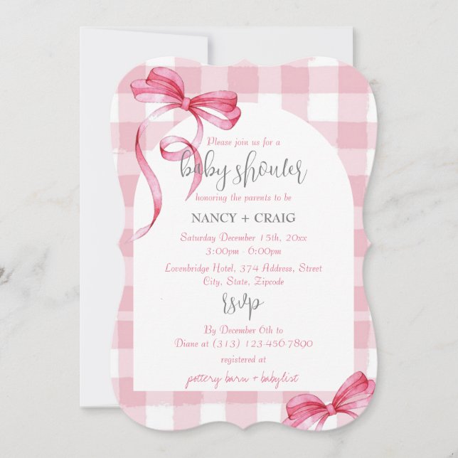 EDITABLE Pink Bow Gingham Baby Shower Invitation (Front)