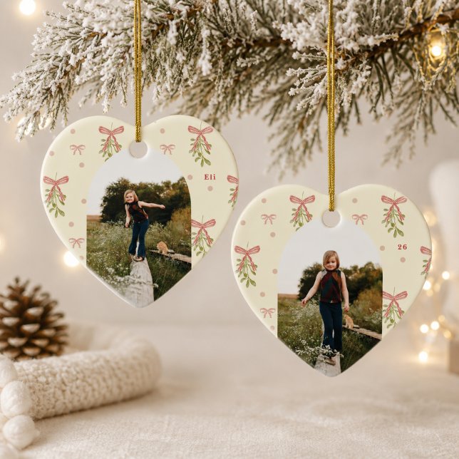 Editable Pink Bow Mistletoe Photo Christmas Heart Ceramic Tree Decoration (Creator Uploaded)
