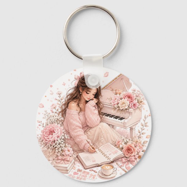 Editable Pink Floral Piano Keychain (Front)
