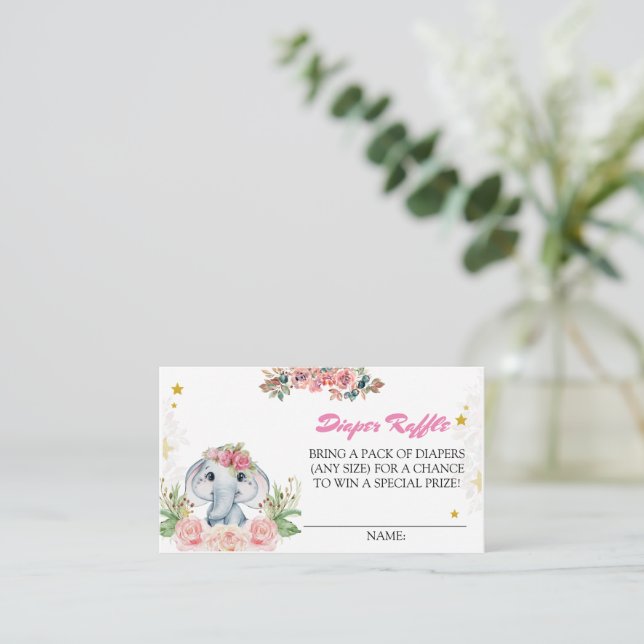 Editable Pink Flower Elephant Diaper Raffle Ticket Enclosure Card (Standing Front)