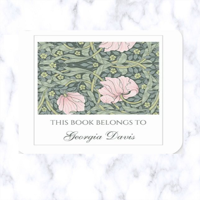 Editable Pink Flowers and Leaves Bookplate Square Sticker (Creator Uploaded)