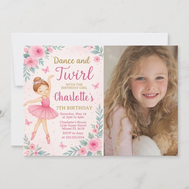 Editable Pink & Gold Dance Party Card for Girls (Front)