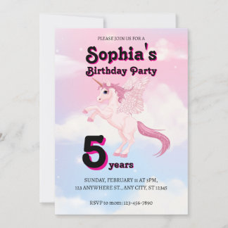 Editable Pink Pegasus Unicorn Birthday Invitation