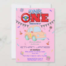 Editable pink Racing Car Boy 1st Birthday Invitati