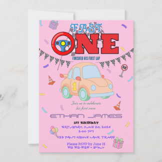 Editable pink Racing Car Boy 1st Birthday Invitati Invitation