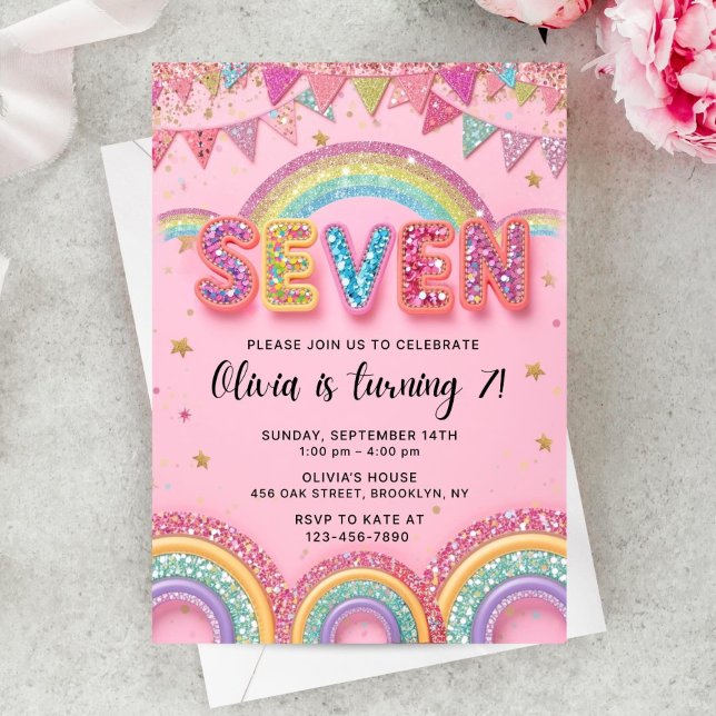 Editable Pink Rainbow Sequin 7th Birthday Invitati Invitation (Creator Uploaded)