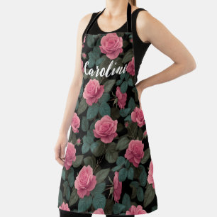 Editable Pink Roses on Black Floral Pattern Custom Apron