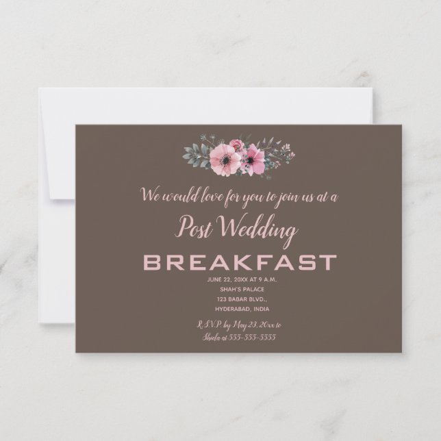 Editable Pink Roses on Brown Wedding Breakfast RSVP Card (Front)