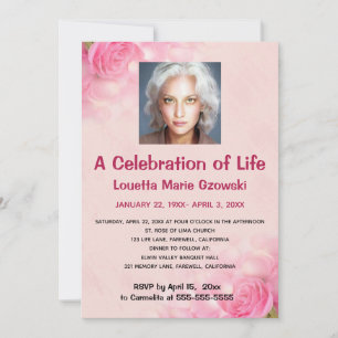 Editable Pink Roses Photo Celebration of Life Invitation