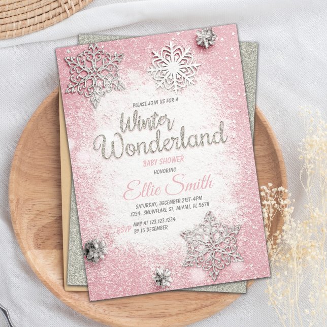 Editable Pink & Silver Glitter Winter Baby Shower Invitation (Pink Silver Glitter Winter Baby Shower Invitations)