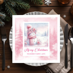 Editable Pink Snowman Kids Winter Scene Pinkmas  Napkin