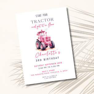 Editable Pink Tractor Birthday Invite
